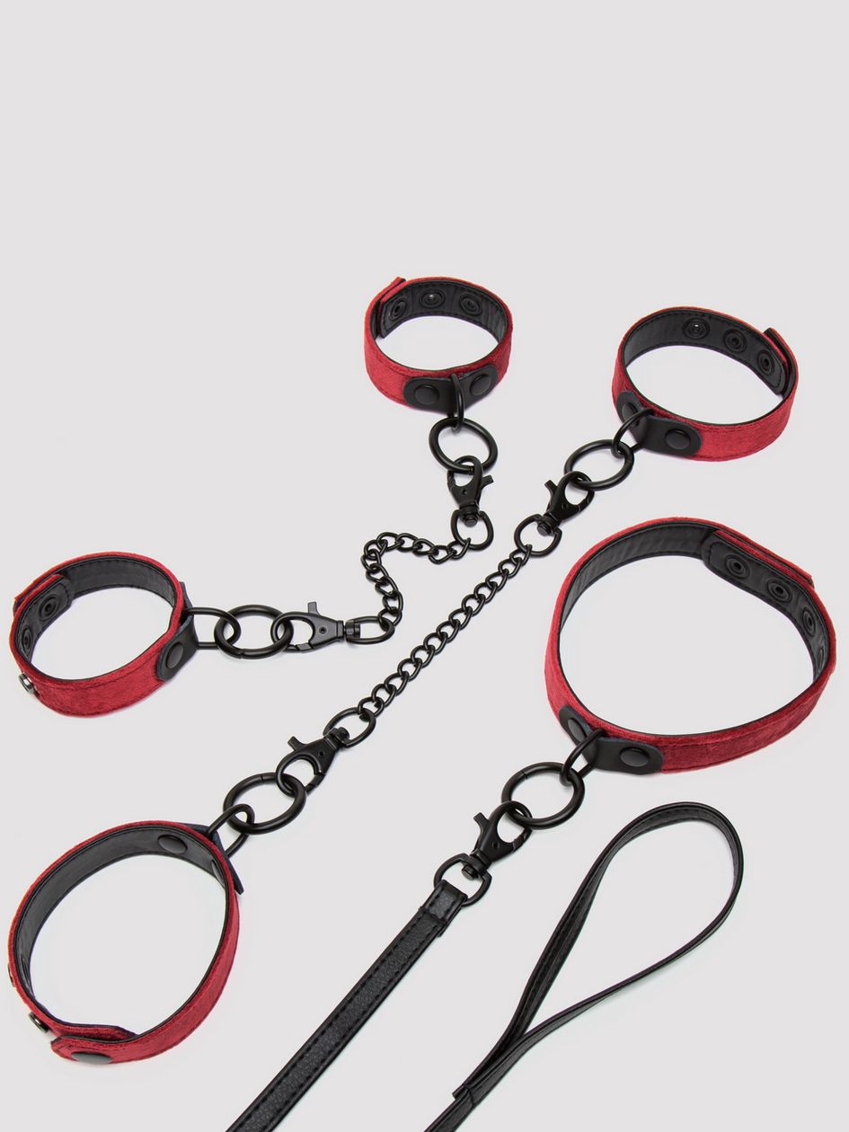 Bondage Boutique Ruby Velvet Collar, Wrist and Ankle Cuff Kit (3 Piece)